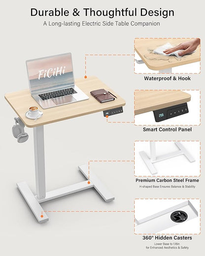 FiCiHi Small Electric Standing Desk - Adjustable Height Bedside Laptop Table with Wheels, Mobile, Portable Rolling Computer Cart,Movable, Home Office, Sofa, Couch Use(24x16,Maple)