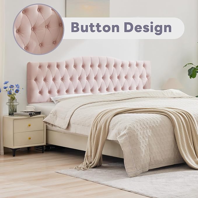 Upholstered King Headboard, Button Diamond Tufted Headboard with Adjustable Height and Solid Wood Leg, Velvet Padded Headboards for King Size Bed, Modern Head Board (Pink)