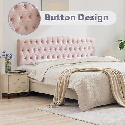 Upholstered King Headboard, Button Diamond Tufted Headboard with Adjustable Height and Solid Wood Leg, Velvet Padded Headboards for King Size Bed, Modern Head Board (Pink)