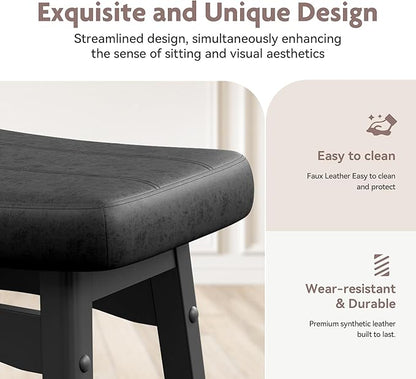 ALPHA HOME Bar Stool, Solid Wood Saddle Kitchen Stool with Black PU Leather Cushion Counter Height Barstool with Wooden Base for Kitchen Dining Cafe, 24 Inch, Black, 1PC…
