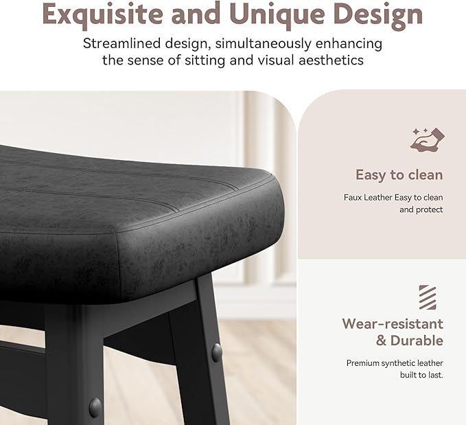 ALPHA HOME Black Bar Stools Set of 2, Solid Wood Saddle Kitchen Island Stools with PU Leather Cushion Backless Counter Height Barstools with Wooden Base for Kitchen Dining Cafe, 24 Inch, Black, 2PCS