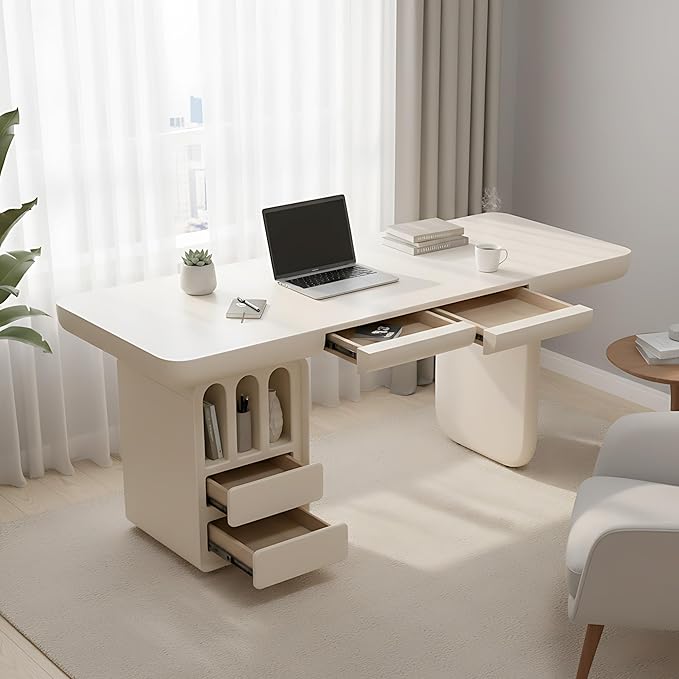 71 Inch White Writing Desk with Storage, Modern Computer Desk with 4 Drawers for Study, Wooden Executive Desk for Home Office
