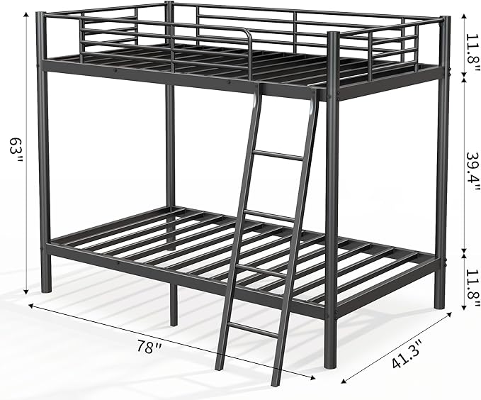 Bunk Bed Twin Over Twin, Heavy Duty Metal Bunk Bed Frame with Angled Ladder for Teens and Adults, for Spaces-Saving, Smooth Rounded Edges, Noise Free & Easy Assembly, Black