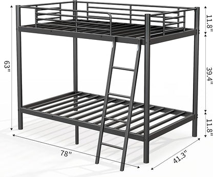 Bunk Bed Twin Over Twin, Heavy Duty Metal Bunk Bed Frame with Angled Ladder for Teens and Adults, for Spaces-Saving, Smooth Rounded Edges, Noise Free & Easy Assembly, Black
