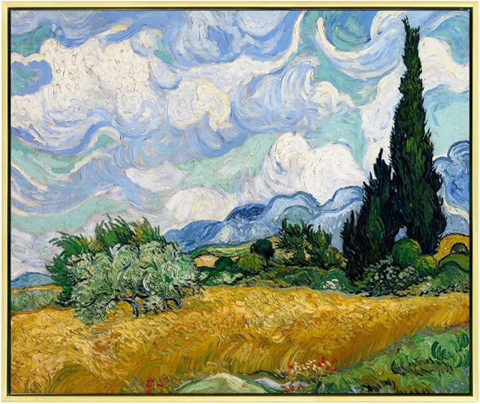 Wieco Art Framed Wall Art Canvas Prints of Wheat Field with Cypresses by Van Gogh Paintings Reproduction Abstract Artwork for Wall Decor Golden Frame