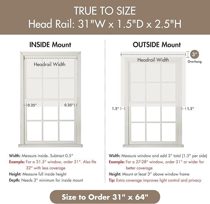 Madison Park Kyler Cordless Roman Shades - Single Panel, Lightweight Linen Blend Fabric, Natural Design, Easy Installation, Light Filtering Window Blind, Bedroom, Living Room Decor 31"W x 64"H Natural