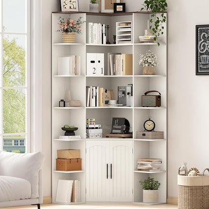 74" Tall Corner Bookshelf with 2 Arched Doors, 6-Tire L Shaped Bookcase with 16 Open Storage Shelves, Rustic Large Corner Shelf with Cabinet for Living Room, Home Office