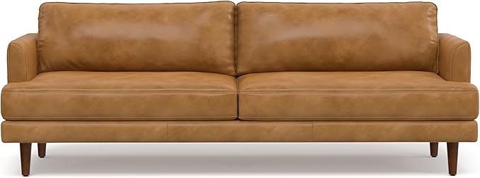 SIMPLIHOME Livingston 90-inch Wide Sofa in Sienna Top Grain Genuine Leather, Handcrafted Mid-Century Modern Couch for Living Room, Large 3-Seater with Feather-Wrapped Cushions and Solid Wood Frame