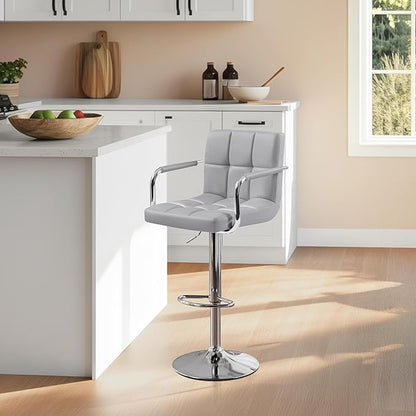 Yaheetech Bar Stools Set of 3, PU Leather Adjustable Barstools with Armrest, Counter Height Stool Chairs with Thickened Seat Cushion for Kitchen Island, Light Grey