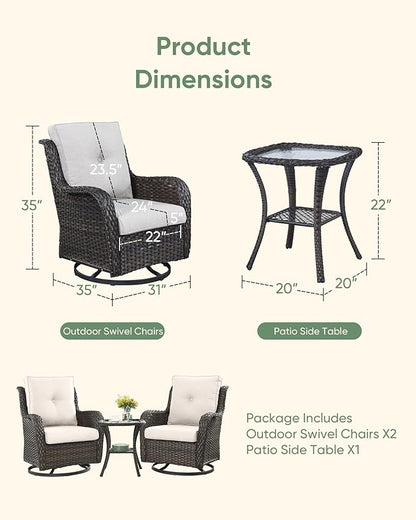 HUMMUH 3-Piece Swivel Rocking Rattan Chair Outdoor, Patio Bistro Furniture Conversation Set, Cushioned Wicker Chair with Glass Coffee Table (Brown, Beige)