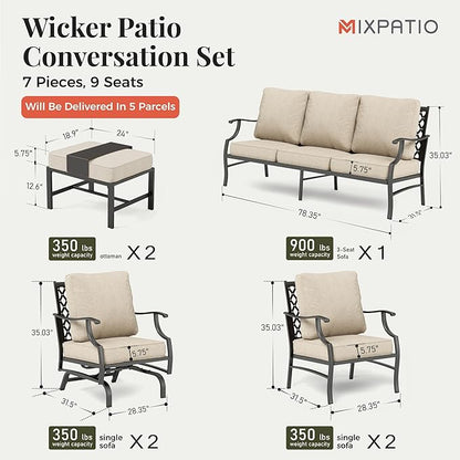 Patio Furniture Set 7 pcs, Outdoor Patio Furniture, 3-Seat Sofa, 2 Single Chairs, 2 Rocking Chairs, 2 Ottomans and 5.75" Extra Thick Cushion, Patio Conversation Set for Backyard Deck,Beige
