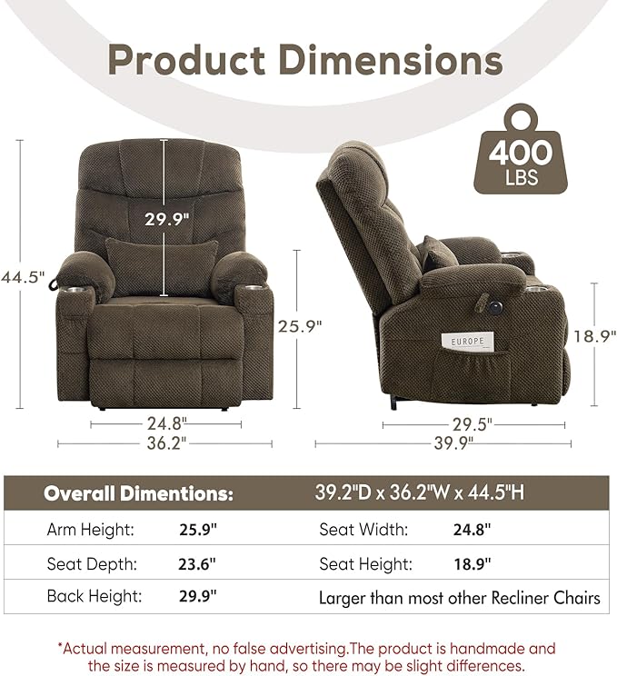 ABCASA Oversized Dual Motor Lay Flat Power Lift Recliner Chair with Massage, Heating, Lumbar Pillow, USB & Type-C Ports, Textile Lift Chairs Recliners, Large Recliner for Big & Elderly People - Brown