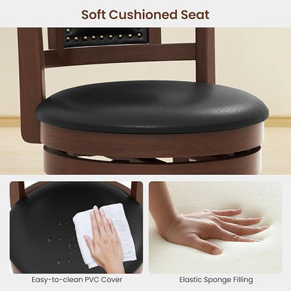 COSTWAY Bar Stool Set of 2, 25.5” Swivel Upholstered Counter Height Bar Stool with Curved Backrest & Cushioned Seat, Solid Rubber Wood Legs & Resting Footrest, for Kitchen Island (2, 25.5”)