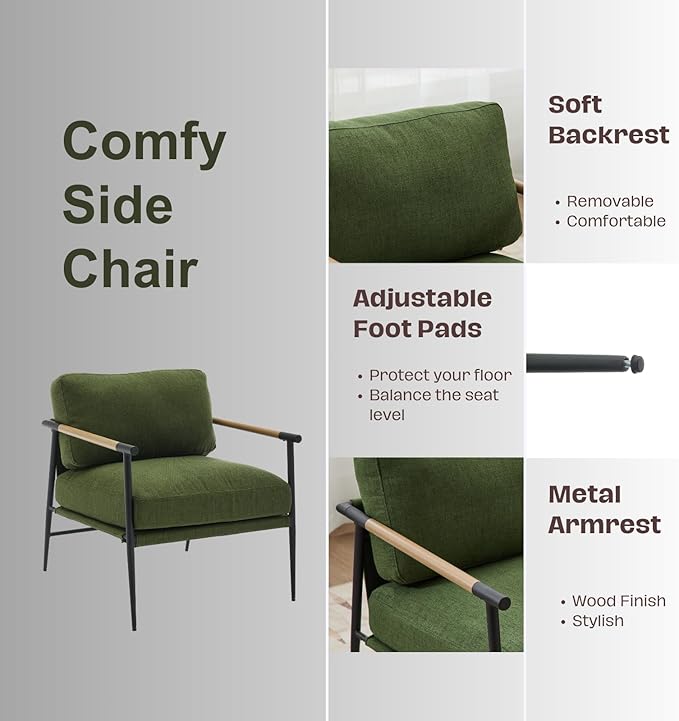 HEAH-YO Modern Accent Chairs Set of 2, Upholstered Linen Fabric Living Room Chairs with Backrests and Metal Legs, Comfy Reading Side Armchairs for Bedroom, Green