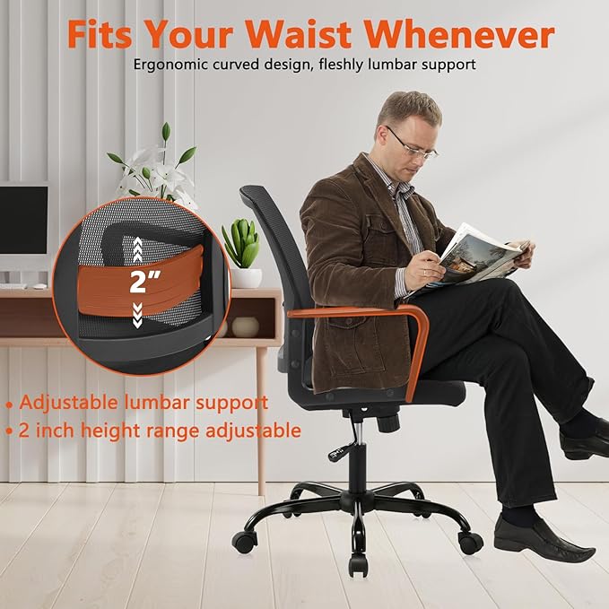 CLATINA Ergonomic Desk Chair, Mid Back Mesh Computer Chair with Lumbar Support and Armrest, Height Adjustable Swivel Chair for Home Office, Black (8PK)
