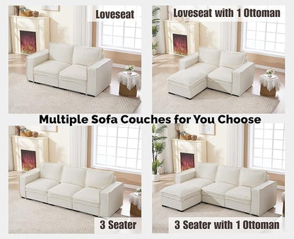 EALSON 93" Modular Sectional Sofa Comfy Cloud Couch with Ottoman Modern Convertible L Shape Couches with Wooden Legs Linen Deep Seat Couch 4-Seater Sofa for Living Room/Apartment, White