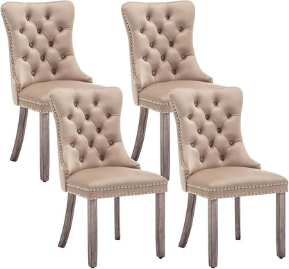Velvet Dining Chairs Set of 4, Upholstered Dining Room Chairs with Nailhead Ring Pull Trim, Button Tufted Wing Back Chairs for Dining with Solid Wood Legs for Kitchen Dining Room(Khaki)