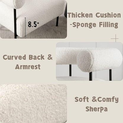 Modern Accent Chairs Set of 2, White Boucle Side Chairs with Curved Back, Sherpa Barrel Vanity ChairsArmchairs with Black Metal Legs & Upholstered for Living Room, Makeup Room