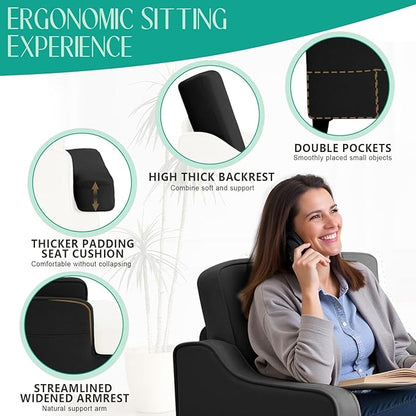 Modern Accent Chair for Bedroom Upholstered Reading Chair with Side Pockets Comfy Living Room Chairs Living Room Armchair with Wood Legs for Office, Apartment (Charcoal)