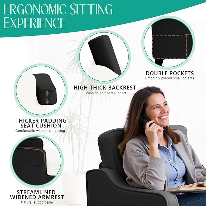 Modern Accent Chairs Set of 2 Upholstered Reading Chair for Bedroom with Side Pockets Comfy Living Room Chairs Living Room Armchair for Office, Apartment (Charcoal)