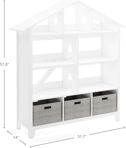 Martha Stewart Kids Deluxe Dollhouse Bookcase - Linen White Bookshelf: Wooden Book & Toy Storage Shelf Organizer | Toddler Book Organization | Kids' Tall Bookshelf for Playroom and Bedroom Storage