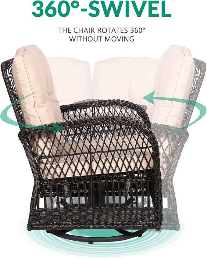 VIVIJASON 3-Piece Outdoor Conversation Bistro Set, Patio Swivel Glider Rocking Chairs Rattan Furniture Sets w/ 2 Rattan Chairs, Cushions, Glass Top Side Table for Porch Backyard, Dark Brown