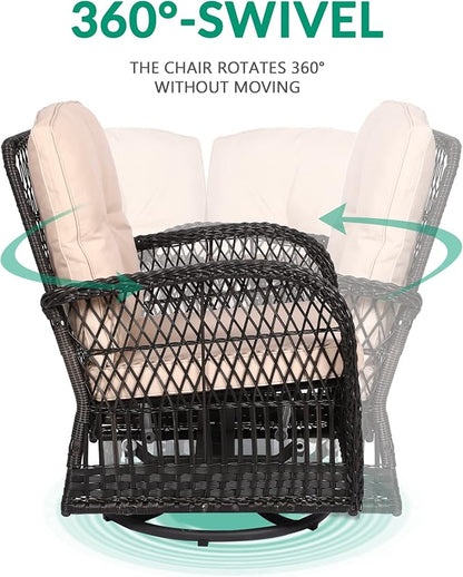 VIVIJASON 3-Piece Outdoor Conversation Bistro Set, Patio Swivel Glider Rocking Chairs Rattan Furniture Sets w/ 2 Rattan Chairs, Cushions, Glass Top Side Table for Porch Backyard, Dark Brown
