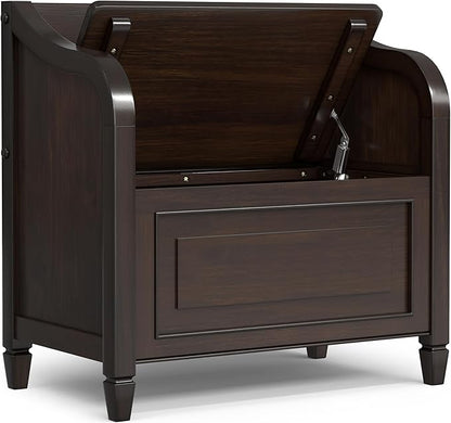 SIMPLIHOME Connaught Entryway Storage Bench - 30 inch Wide Solid Wood Small Storage Seat in Chestnut Brown, Traditional Bench for Entryway or Living Room with Lift-Up Lid and Decorative Trim