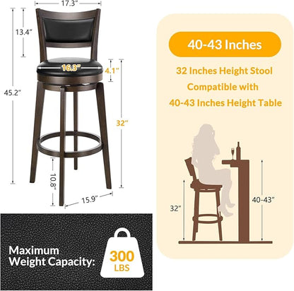 PrimeZone Swivel Bar Stools Set of 6, 32 Inch Tall Bar Height Barstools, Black Faux Leather Bar Stool with High Backrest & Solid Wood Legs & Wrap-Around Footrest, Counter Stools for Pub
