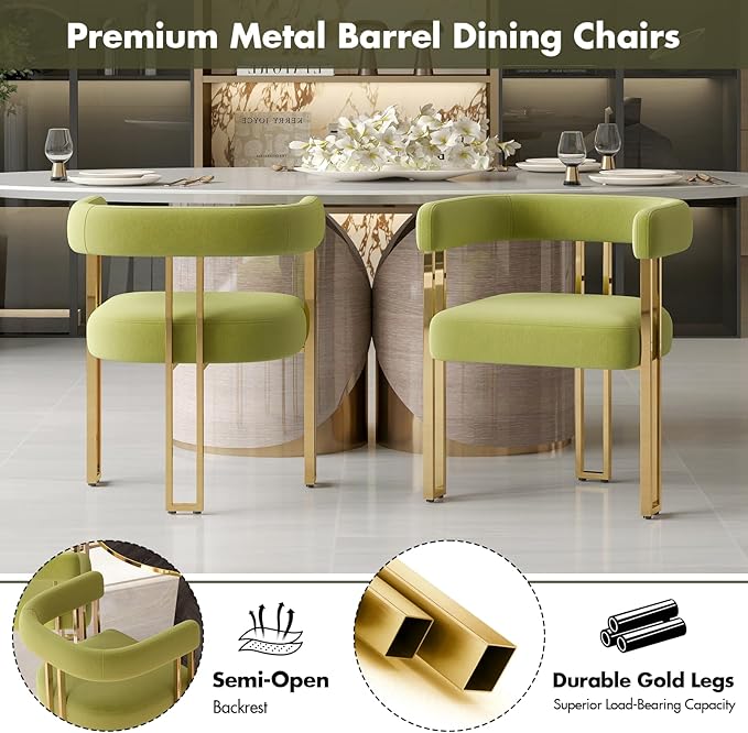 Green and Gold Modern Dining Chairs Set of 6, Velvet Upholstered Barrel Armchairs with Metal Legs for Kitchen Island, Mid Century Accent Chairs for Dining Room Living Room, Open-Back