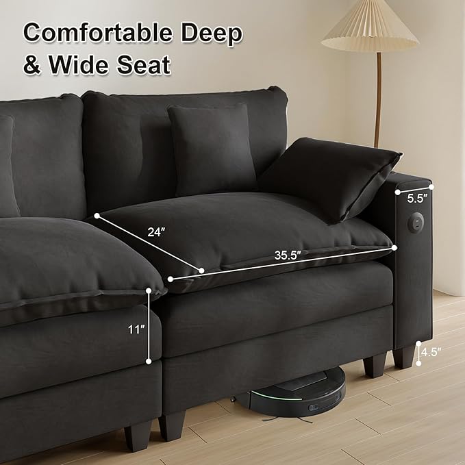 Cloud Couch, Modular Sectional Sofa with Ottoman, Charging Station, Throw Pillows, Cup Holders, Modern Convertible L Shaped Couches for Living Room, Bedroom (Classic Black, 116"- U Shape)