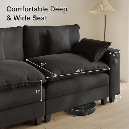 Cloud Couch, Modular Sectional Sofa with Ottoman, Charging Station, Throw Pillows, Cup Holders, Modern Convertible L Shaped Couches for Living Room, Bedroom (Classic Black, 80.7"- L Shape)