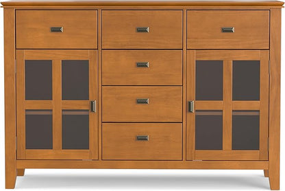 SIMPLIHOME Artisan Buffet - 54 inch Wide Solid Wood 3-Door Sideboard Buffet in Honey Brown, Transitional Storage Cabinet for Dining Room or Kitchen with Adjustable Shelves and Bronze Hardware