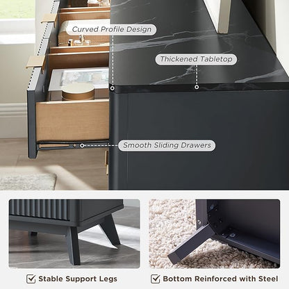 T4TREAM Fluted 9 Drawers Dresser, 54" Wide Modern Chest of Drawers with Faux Marble Top, Curved Profile Design, Dresser TV Stand, Wood Drawer Organizer for Bedroom, Living Room, Hallway, Dark Grey