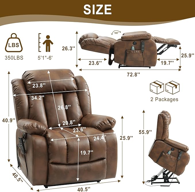 Dual Motor Large Power Lift Recliner Chair for Elderly with Heat and Massage,Lay Flat Lift Chairs Recliners for Seniors Infinite Position,USB Ports&Remote, Leather(Ochre, Medium)