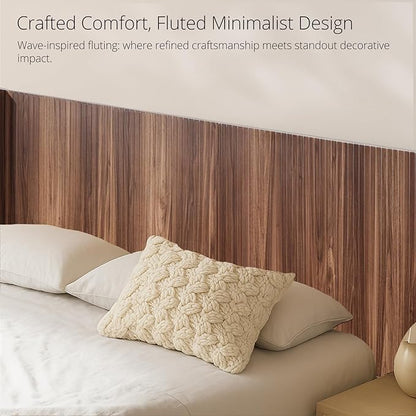 KEIKI Wooden Queen Size Headboard Only, 64.5" Wide Farmhouse Headboards with Wall Mounted Fluted Panel & Wingback for Bedroom, Walnut Brown