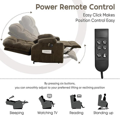 ABCASA Oversized Dual Motor Lay Flat Power Lift Recliner Chair with Massage, Heating, Lumbar Pillow, USB & Type-C Ports, Textile Lift Chairs Recliners, Large Recliner for Big & Elderly People - Brown