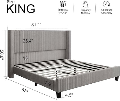 HOWE King Size Upholstered Platform Bed Frame, Wingback Bed with 50.8" Headboard, Corduroy/Solid Wood Leg/No Box Spring Needed/Noise Free/Taupe