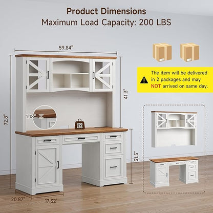 ONBRILL 72" H Farmhouse Executive Desk with Hutch, Office Desk, Computer Desks with Charging Station, Computer Workstations with 5 Drawers and Storage Cabinet for Home, Office, Off White & Walnut
