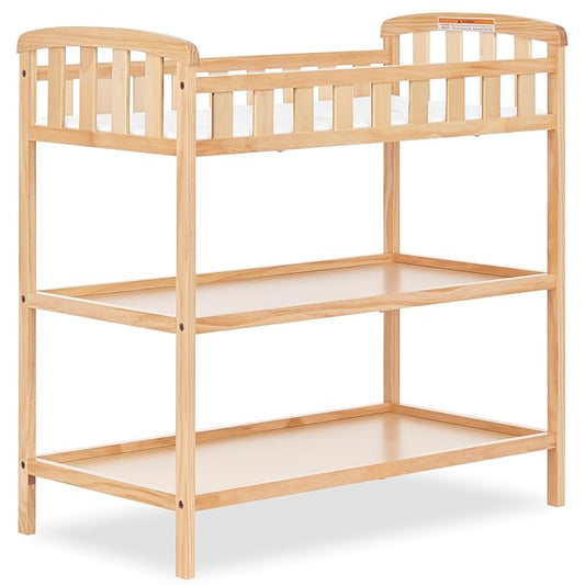 Dream On Me Emily Changing Table, Compact and Portable, Solid New Zealand Pinewood, Safety Rails, Two Storage Shelves, Includes Water-Resistant 1" Changing Pad — Natural