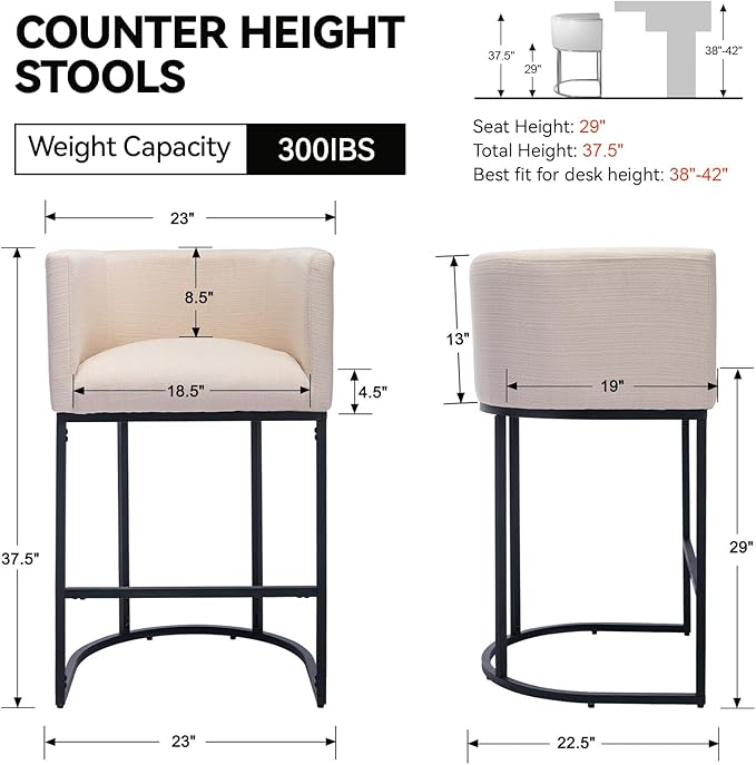Contemporary Cream Linen Bar Stools Set of 2, 29" Upholstered Fabric Counter Height Barstools Kitchen Counter Island Stools with Screwed Together Black Metal Base
