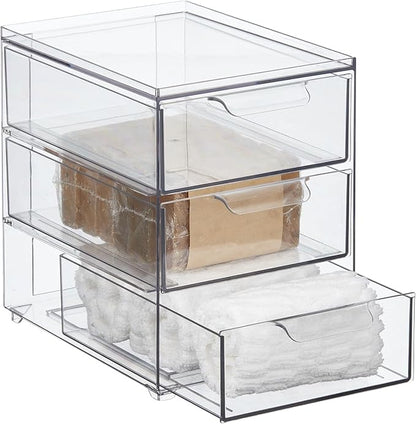 mDesign Plastic Stackable Organizer with 3 Drawers - Pull-Out Drawer Storage Bin for Bathroom Sink/Cabinet Organization - Perfect for Makeup, Small Towels, and More - Lumiere Collection, 2 Pack, Clear