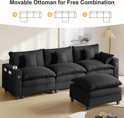 Cloud Couch, Modular Sectional Sofa with Ottoman, Charging Station, Throw Pillows, Cup Holders, Modern Convertible L Shaped Couches for Living Room, Bedroom (Classic Black, 116"- L Shape)