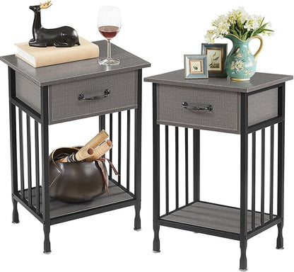 VECELO Nightstands, Industrial Side Table/End Tables with Drawer and Storage Shelf, Night Stands for Bedroom, Living Room, Wood Metal Furniture, Easy Assembly