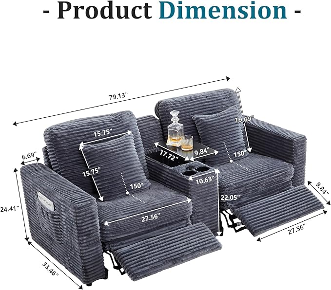 Power Reclining Sectional Sofa, Electric Loveseat Recliner with Storage Console and USB Ports, Plush Corduroy Fluffy Reclining Loveseat Couch Adjustable Headrest, 2 Seat Sofa for Living Room-Blue Grey