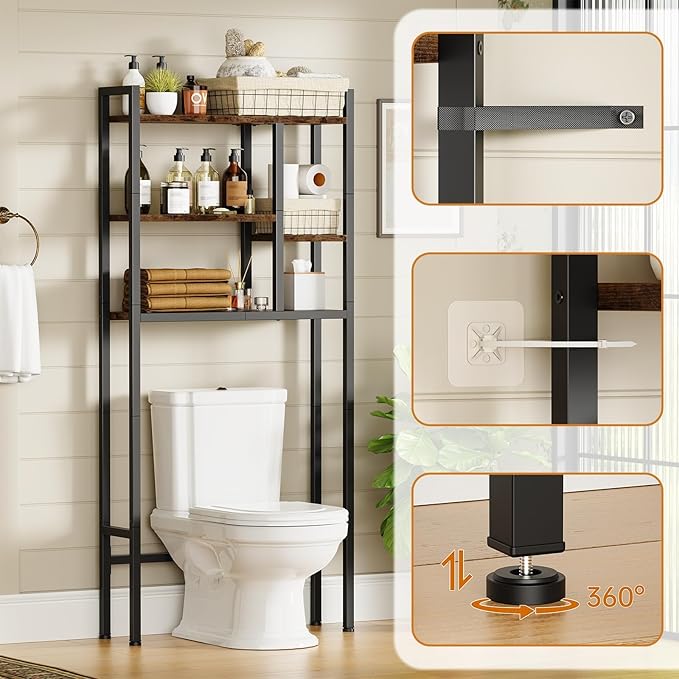 Over-The-Toilet Storage Rack, 3-Tier Bathroom Shelves Over Toilet, Above Toilet Storage, Behind Toilet Bathroom Organizer, Space Saver, Freestanding, Rustic Brown