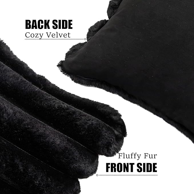 Neelvin Black Faux Fur Cozy Soft Striped Decorative Throw Pillow Covers 18x18 inch Set of 2,Velvet Pillowcase Cushion Case for Sofa Couch