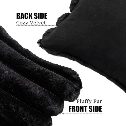 Neelvin Black Faux Fur Cozy Soft Striped Decorative Throw Pillow Covers 18x18 inch Set of 2,Velvet Pillowcase Cushion Case for Sofa Couch