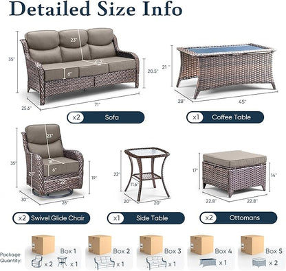 Belord Luxury 6" Thick Cushioned 8 Pieces Patio Furniture Set with Outdoor Couch, Wicker Outdoor Conversation Set with High Back Swivel Rocker Chairs for Deck Porch Yard and Poolside - Brown+Grey