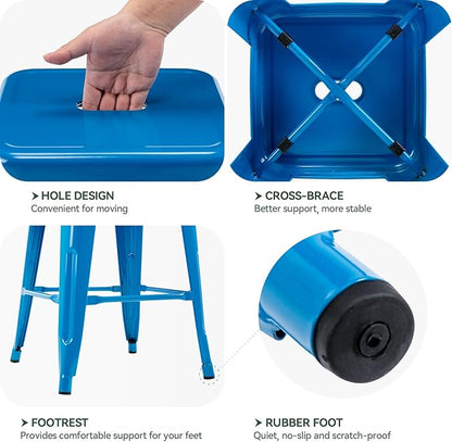 Vogue Furniture Direct 24 Inch Metal Bar Stools, Backless Counter Height Barstools, Indoor Outdoor Stackable Stools with Square Seat, Set of 2 (Blue)